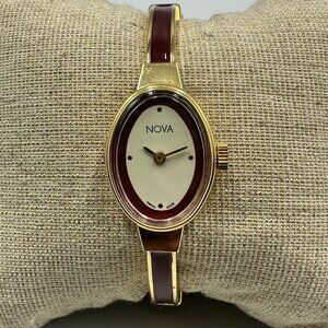 Vintage Nova Watch Women Gold Tone Maroon Bangle Band Manual Wind 6.5 inch